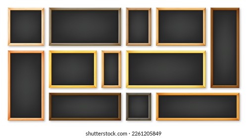 Realistic various chalkboards in a wooden frame. Black restaurant menu board. School blackboard, writing surface for text or drawing. Blank advertising or presentation boards. Vector illustration