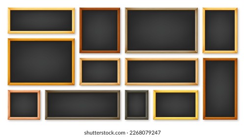 Realistic various chalkboards in a wooden frame. Black restaurant menu board. School blackboard, writing surface for text or drawing. Blank advertising or presentation boards. Vector illustration