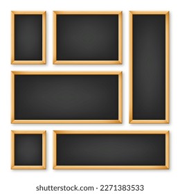 Realistic various chalkboards in a wooden frame. Black restaurant menu board. School blackboard, writing surface for text or drawing. Blank advertising or presentation boards. Vector illustration