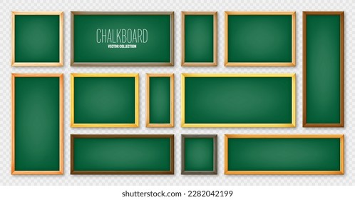 Realistic various chalkboards in a wooden frame. Green restaurant menu board. School blackboard, writing surface for text or drawing. Blank advertising or presentation boards. Vector illustration