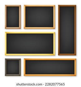 Realistic various chalkboards in a wooden frame. Black restaurant menu board. School blackboard, writing surface for text or drawing. Blank advertising or presentation boards. Vector illustration