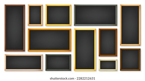 Realistic various chalkboards in a wooden frame. Black restaurant menu board. School blackboard, writing surface for text or drawing. Blank advertising or presentation boards. Vector illustration