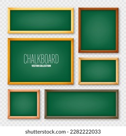Realistic various chalkboards in a wooden frame. Green restaurant menu board. School blackboard, writing surface for text or drawing. Blank advertising or presentation boards. Vector illustration
