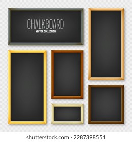 Realistic various chalkboards in a wooden frame. Black restaurant menu board. School blackboard, writing surface for text or drawing. Blank advertising or presentation boards. Vector illustration