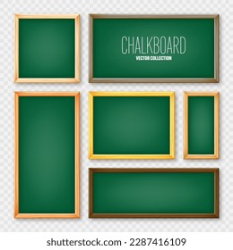 Realistic various chalkboards in a wooden frame. Green restaurant menu board. School blackboard, writing surface for text or drawing. Blank advertising or presentation boards. Vector illustration