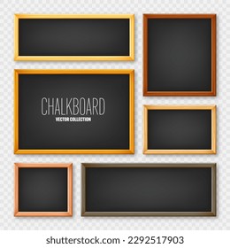 Realistic various chalkboards in a wooden frame. Black restaurant menu board. School blackboard, writing surface for text or drawing. Blank advertising or presentation boards. Vector illustration