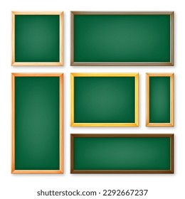 Realistic various chalkboards in a wooden frame. Green restaurant menu board. School blackboard, writing surface for text or drawing. Blank advertising or presentation boards. Vector illustration