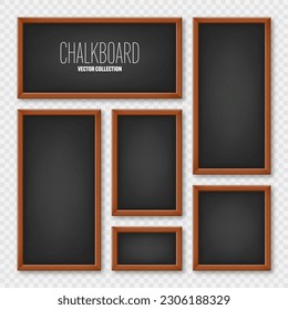 Realistic various chalkboards in a wooden frame. Black restaurant menu board. School blackboard, writing surface for text or drawing. Blank advertising or presentation boards. Vector illustration