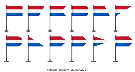 Realistic various Dutch table flags on a black steel pole. Souvenir from Netherlands. Desk flag made of paper or fabric, shiny metal stand. Mockup for promotion and advertising. Vector illustration