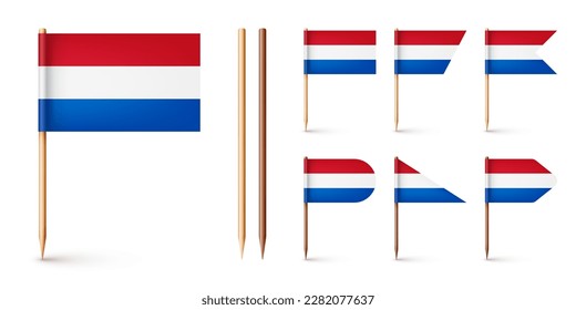 Realistic various Dutch toothpick flags. Souvenir from Netherlands. Wooden toothpicks with paper flag. Location mark, map pointer. Blank mockup for advertising and promotions. Vector illustration