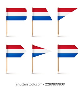 Realistic various Dutch toothpick flags. Souvenir from Netherlands. Wooden toothpicks with paper flag. Location mark, map pointer. Blank mockup for advertising and promotions. Vector illustration