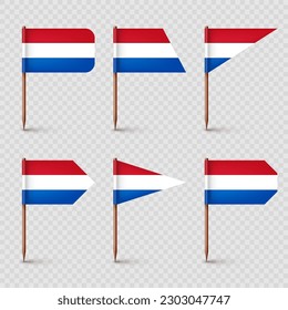 Realistische holländische Zahnstochflags. Souvenir aus den Niederlanden. Hölzerne Zahnpflücke mit Papierfahne. Ortsmarke, Kartenzeiger. Blank mock up for advertising and promotions. Vektorgrafik