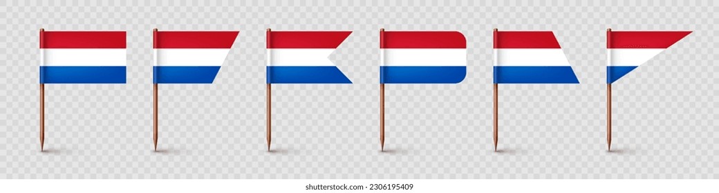 Realistic various Dutch toothpick flags. Souvenir from Netherlands. Wooden toothpicks with paper flag. Location mark, map pointer. Blank mockup for advertising and promotions. Vector illustration