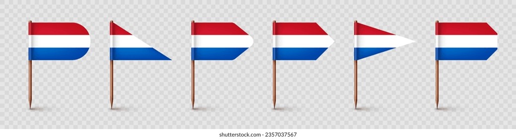 Banderas holandesas de recolección de dientes. Un recuerdo de los Países Bajos. Muelles de madera con bandera de papel. Marca de ubicación, puntero de mapa. Burla en blanco para publicidad y promociones. Ilustración del vector