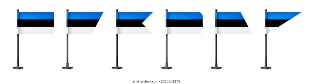 Realistic various Estonian table flags on a black steel pole. Souvenir from Estonia. Desk flag made of paper or fabric, shiny metal stand. Mockup for promotion and advertising. Vector illustration