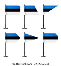 Realistic various Estonian table flags on a black steel pole. Souvenir from Estonia. Desk flag made of paper or fabric, shiny metal stand. Mockup for promotion and advertising. Vector illustration