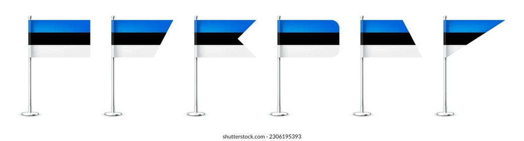 Realistic various Estonian table flags on a chrome steel pole. Souvenir from Estonia. Desk flag made of paper or fabric, shiny metal stand. Mockup for promotion and advertising. Vector illustration