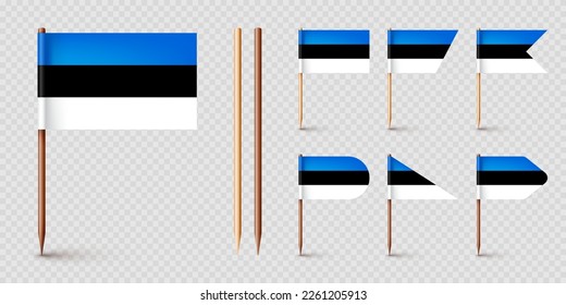 Varias banderas estonias de recolección de dientes. Un recuerdo de Estonia. Muelles de madera con bandera de papel. Marca de ubicación, puntero de mapa. Burla en blanco para publicidad y promociones. Ilustración del vector