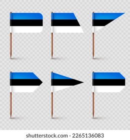 Realistic various Estonian toothpick flags. Souvenir from Estonia. Wooden toothpicks with paper flag. Location mark, map pointer. Blank mockup for advertising and promotions. Vector illustration