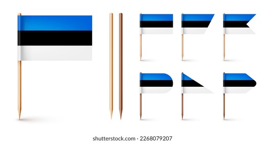 Realistic various Estonian toothpick flags. Souvenir from Estonia. Wooden toothpicks with paper flag. Location mark, map pointer. Blank mockup for advertising and promotions. Vector illustration