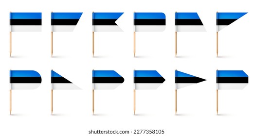Realistic various Estonian toothpick flags. Souvenir from Estonia. Wooden toothpicks with paper flag. Location mark, map pointer. Blank mockup for advertising and promotions. Vector illustration