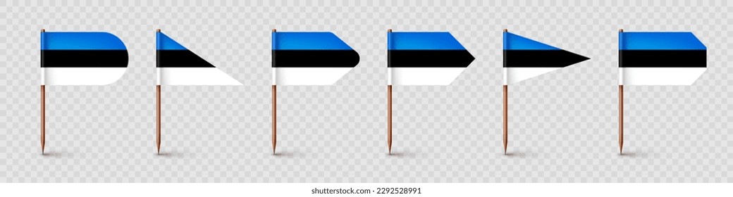 Realistic various Estonian toothpick flags. Souvenir from Estonia. Wooden toothpicks with paper flag. Location mark, map pointer. Blank mockup for advertising and promotions. Vector illustration