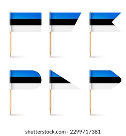 Realistic various Estonian toothpick flags. Souvenir from Estonia. Wooden toothpicks with paper flag. Location mark, map pointer. Blank mockup for advertising and promotions. Vector illustration