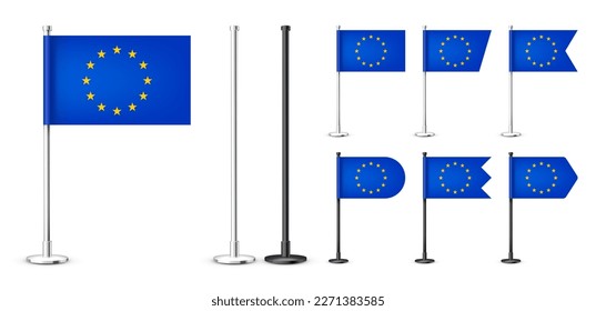 Varias banderas de mesa europeas realistas sobre un asta de acero cromado. Un recuerdo de Europa. Bandera de escritorio hecha de papel o tela, soporte de metal brillante. Tragedia para promoción y publicidad. Ilustración del vector