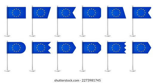 Varias banderas de mesa europeas realistas sobre un asta de acero cromado. Un recuerdo de Europa. Bandera de escritorio hecha de papel o tela, soporte de metal brillante. Tragedia para promoción y publicidad. Ilustración del vector