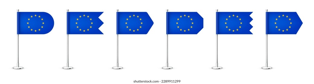 Realistic various European table flags on a chrome steel pole. Souvenir from Europe. Desk flag made of paper or fabric, shiny metal stand. Mockup for promotion and advertising. Vector illustration