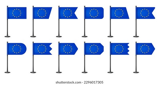 Realistic various European table flags on a black steel pole. Souvenir from Europe. Desk flag made of paper or fabric, shiny metal stand. Mockup for promotion and advertising. Vector illustration