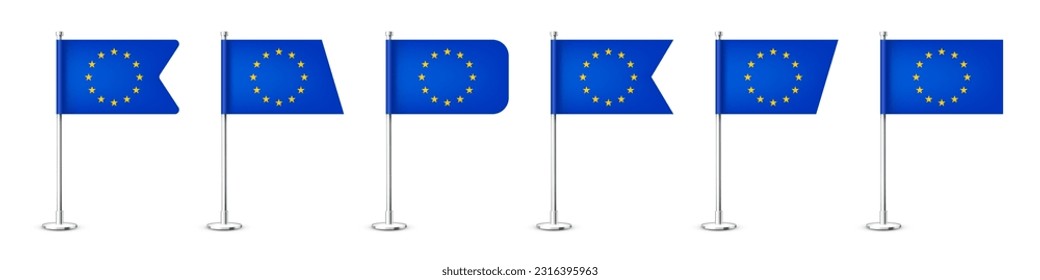Varias banderas de mesa europeas realistas sobre un asta de acero cromado. Un recuerdo de Europa. Bandera de escritorio hecha de papel o tela, soporte de metal brillante. Tragedia para promoción y publicidad. Ilustración del vector