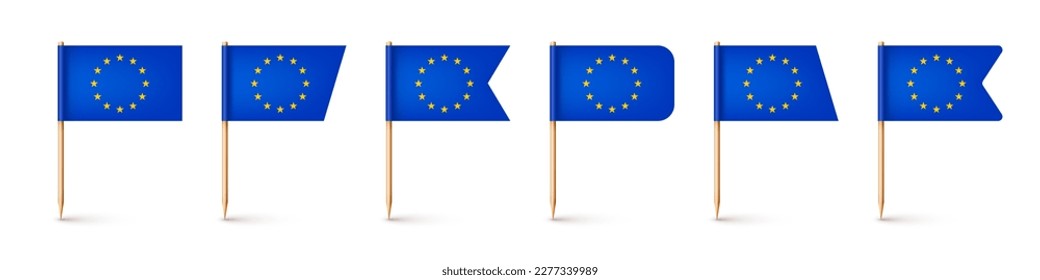 Varias banderas europeas de recolección de dientes. Un recuerdo de Europa. Muelles de madera con bandera de papel. Marca de ubicación, puntero de mapa. Burla en blanco para publicidad y promociones. Ilustración del vector