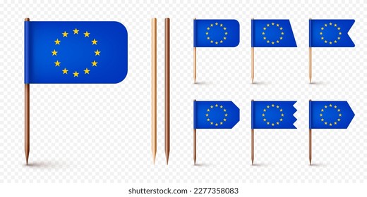 Realistic various European toothpick flags. Souvenir from Europe. Wooden toothpicks with paper flag. Location mark, map pointer. Blank mockup for advertising and promotions. Vector illustration