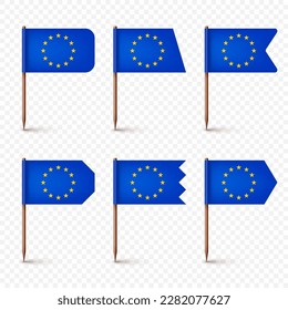 Realistic various European toothpick flags. Souvenir from Europe. Wooden toothpicks with paper flag. Location mark, map pointer. Blank mockup for advertising and promotions. Vector illustration