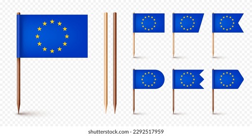 Varias banderas europeas de recolección de dientes. Un recuerdo de Europa. Muelles de madera con bandera de papel. Marca de ubicación, puntero de mapa. Burla en blanco para publicidad y promociones. Ilustración del vector