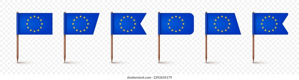 Realistic various European toothpick flags. Souvenir from Europe. Wooden toothpicks with paper flag. Location mark, map pointer. Blank mockup for advertising and promotions. Vector illustration