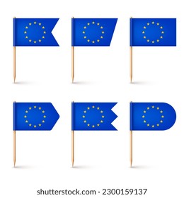 Realistic various European toothpick flags. Souvenir from Europe. Wooden toothpicks with paper flag. Location mark, map pointer. Blank mockup for advertising and promotions. Vector illustration