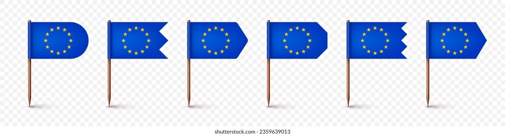 Varias banderas europeas de recolección de dientes. Un recuerdo de Europa. Muelles de madera con bandera de papel. Marca de ubicación, puntero de mapa. Burla en blanco para publicidad y promociones. Ilustración del vector