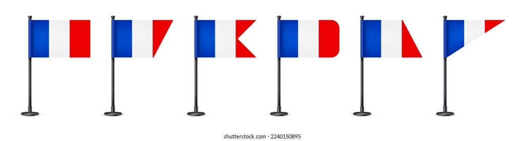 Realistic various French table flags on a black steel pole. Souvenir from France. Desk flag made of paper or fabric, shiny metal stand. Mockup for promotion and advertising. Vector illustration