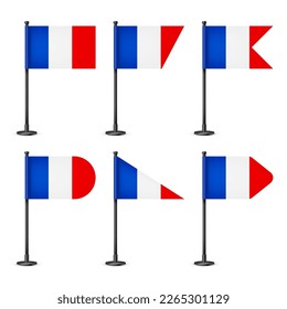 Realistic various French table flags on a black steel pole. Souvenir from France. Desk flag made of paper or fabric, shiny metal stand. Mockup for promotion and advertising. Vector illustration