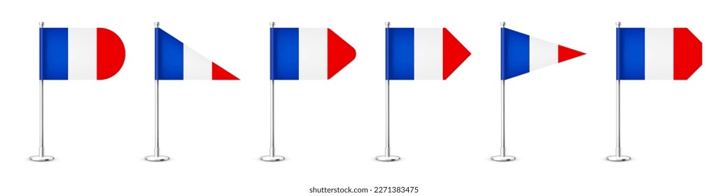 Realistic various French table flags on a chrome steel pole. Souvenir from France. Desk flag made of paper or fabric, shiny metal stand. Mockup for promotion and advertising. Vector illustration