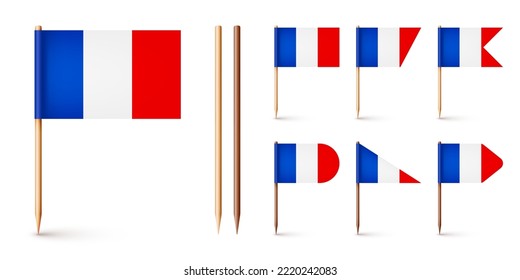 Realistic various French toothpick flags. Souvenir from France. Wooden toothpicks with paper flag. Location mark, map pointer. Blank mockup for advertising and promotions. Vector illustration svg