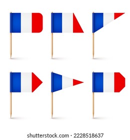 Realistic various French toothpick flags. Souvenir from France. Wooden toothpicks with paper flag. Location mark, map pointer. Blank mockup for advertising and promotions. Vector illustration