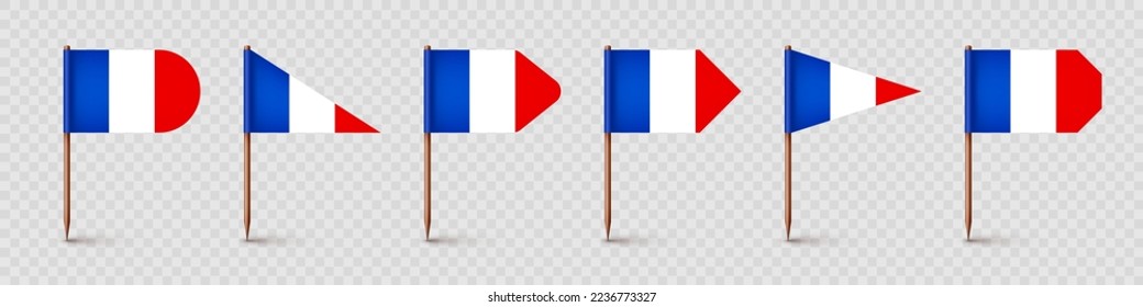 Realistic various French toothpick flags. Souvenir from France. Wooden toothpicks with paper flag. Location mark, map pointer. Blank mockup for advertising and promotions. Vector illustration