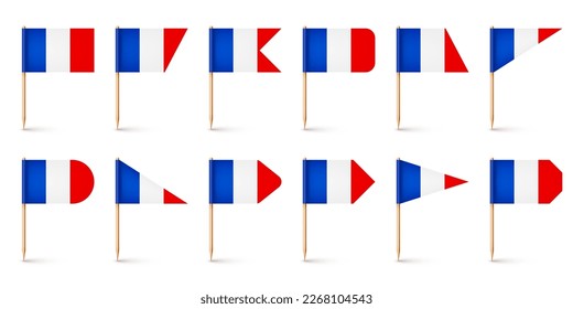 Realistic various French toothpick flags. Souvenir from France. Wooden toothpicks with paper flag. Location mark, map pointer. Blank mockup for advertising and promotions. Vector illustration