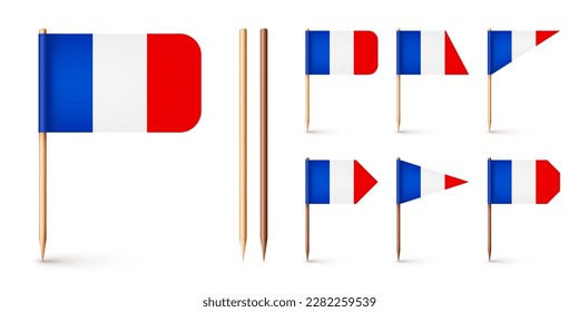Realistic various French toothpick flags. Souvenir from France. Wooden toothpicks with paper flag. Location mark, map pointer. Blank mockup for advertising and promotions. Vector illustration
