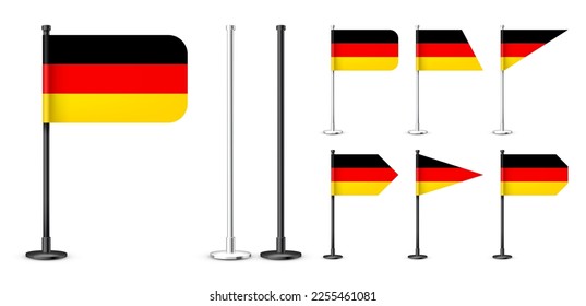 Realistic various German table flags on a black steel pole. Souvenir from Germany. Desk flag made of paper or fabric, shiny metal stand. Mockup for promotion and advertising. Vector illustration