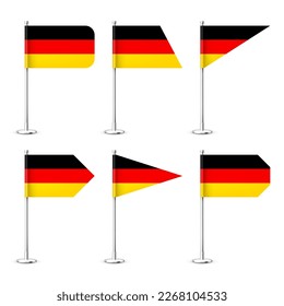 Realistic various German table flags on a chrome steel pole. Souvenir from Germany. Desk flag made of paper or fabric, shiny metal stand. Mockup for promotion and advertising. Vector illustration