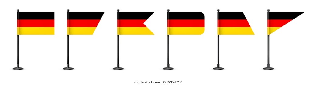 Realistic various German table flags on a black steel pole. Souvenir from Germany. Desk flag made of paper or fabric, shiny metal stand. Mockup for promotion and advertising. Vector illustration
